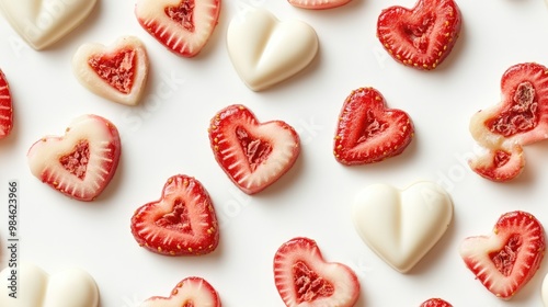 White chocolate candies with heart shaped slices of dried strawberries on a white background Isolated seamless pattern