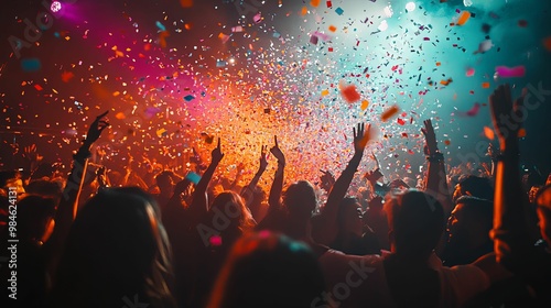 Crowd of People Celebrating with Confetti at a Concert