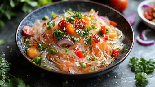 Delicious glass noodle salad with tomatoes, vegetables, and herbs. photo