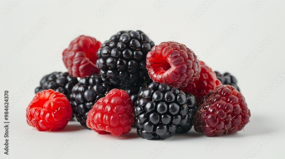 Close-up shot of juicy blackberries and raspberries grouped together on a white background, highlighting their glossy skins and appetizing appearance. Close-up shot of juicy blackberries and raspberries grouped together on a white background, highlighting their glossy skins and appetizing appearance.