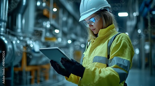 Female Industrial Worker Inspecting Equipment with a Tablet