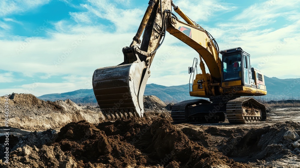 Fototapeta premium Majestic Earthworks: Powerful Excavator Reshapes the Landscape