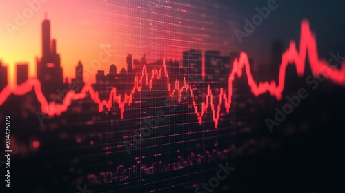 A vibrant sunset over a city skyline, featuring a dynamic red graph pattern superimposed, symbolizing data trends and economic fluctuations.