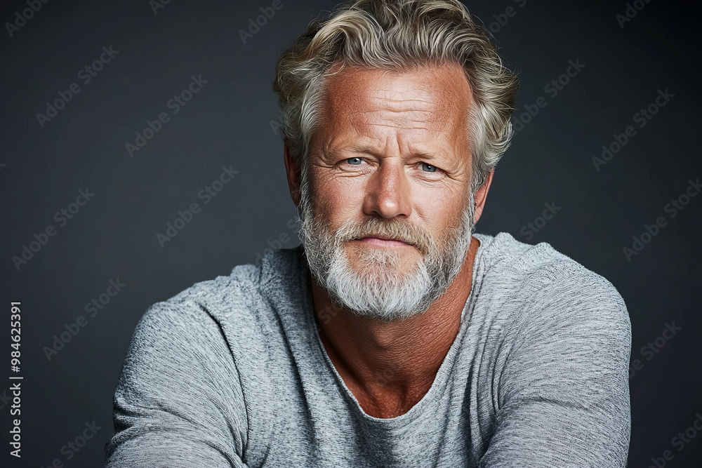 Obraz premium Stylish Middle-Aged Man in Modern Casual Attire, Radiating Confidence and Charisma, Ideal for Professional and Lifestyle Photography in a Studio Setting