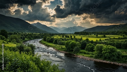 Scenic mountain landscape with lush greenery, river, and dramatic clouds.