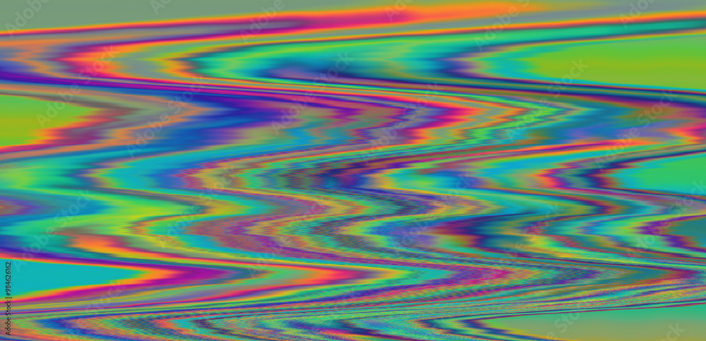 Digital glitch or a distorted video signal, with sharp angles and jagged lines of iridescent colors, predominantly purple, blue, green, yellow, and orange. Digital glitch or a distorted video signal, with sharp angles and jagged lines of iridescent colors, predominantly purple, blue, green, yellow, and orange.