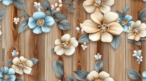 Tile design featuring floral elements on a wooden texture High quality seamless realistic material suitable for walls web floors and automotive vinyl applications