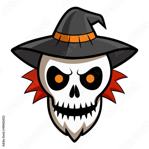 Spooky Skull Sorcerer: Cartoon skull sporting a witch's hat and a mischievous grin, perfect for Halloween designs. 