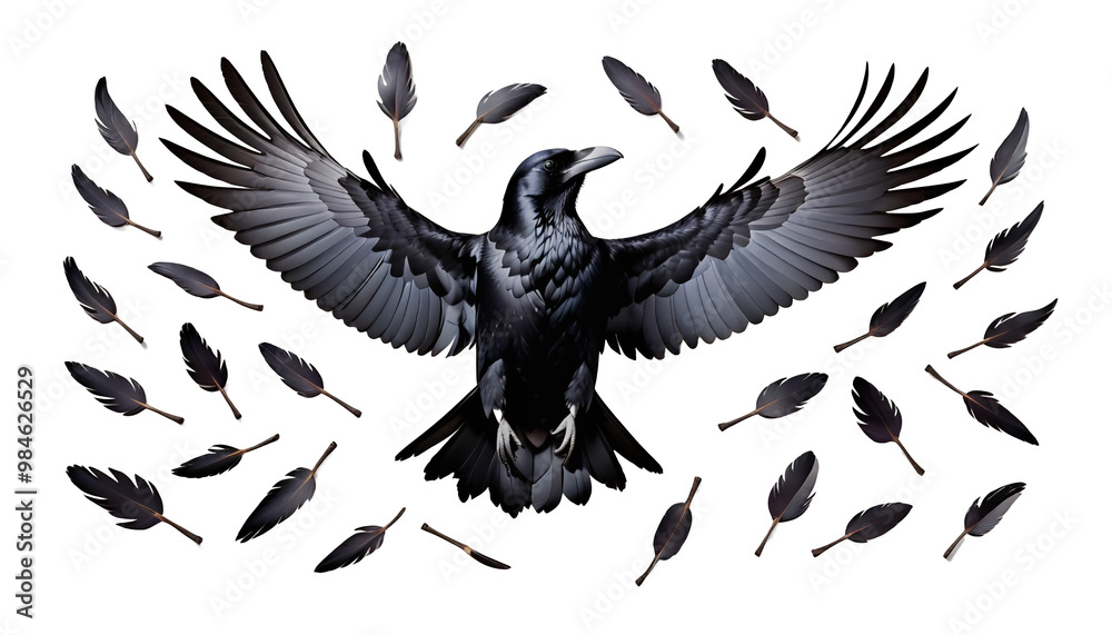 white background drawn flying raven bird raven logotype silhouette emblem wing black feather illustration flying white background drawing symbol animal drawn nature crow dark design gothic graphic
