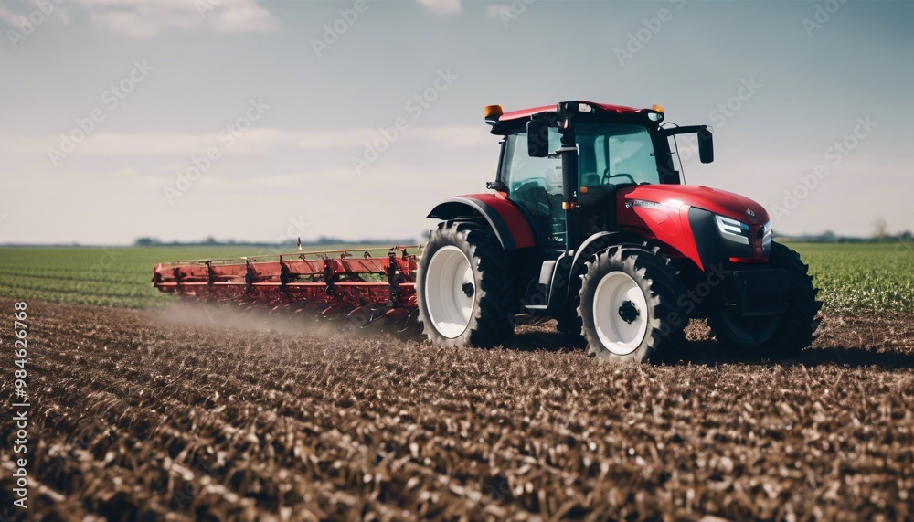 Red tractor plows field in rural landscape, farming equipment working for harvest Red tractor plows field in rural landscape, farming equipment working for harvest