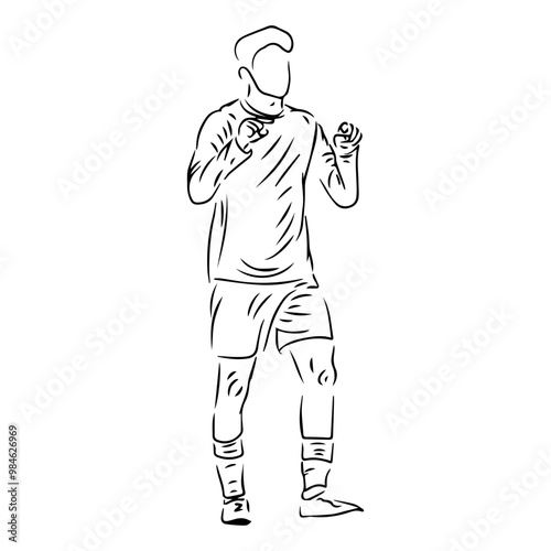 men football player standing and running celebrationline art illustration in black and white