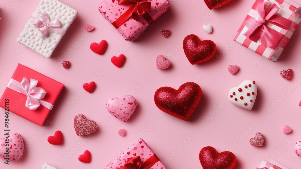 Valentine s Day gifts on a pink background featuring heart shaped items Valentine s Day gifts on a pink background featuring heart shaped items