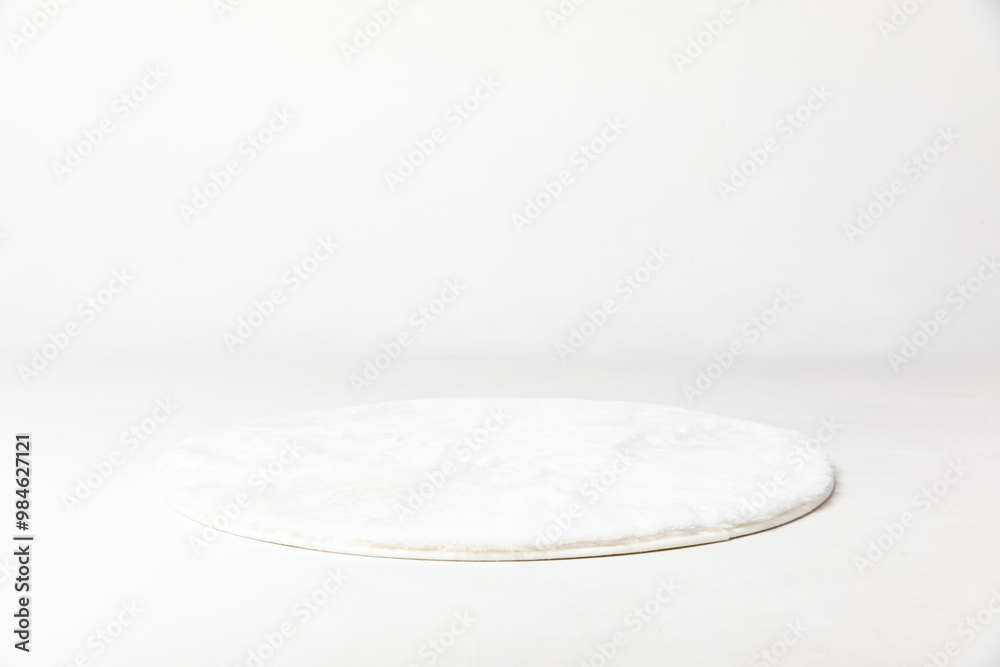 White Modern Beautiful soft round carpet mat with textured pattern on white background, mock up, copy space White Modern Beautiful soft round carpet mat with textured pattern on white background, mock up, copy space