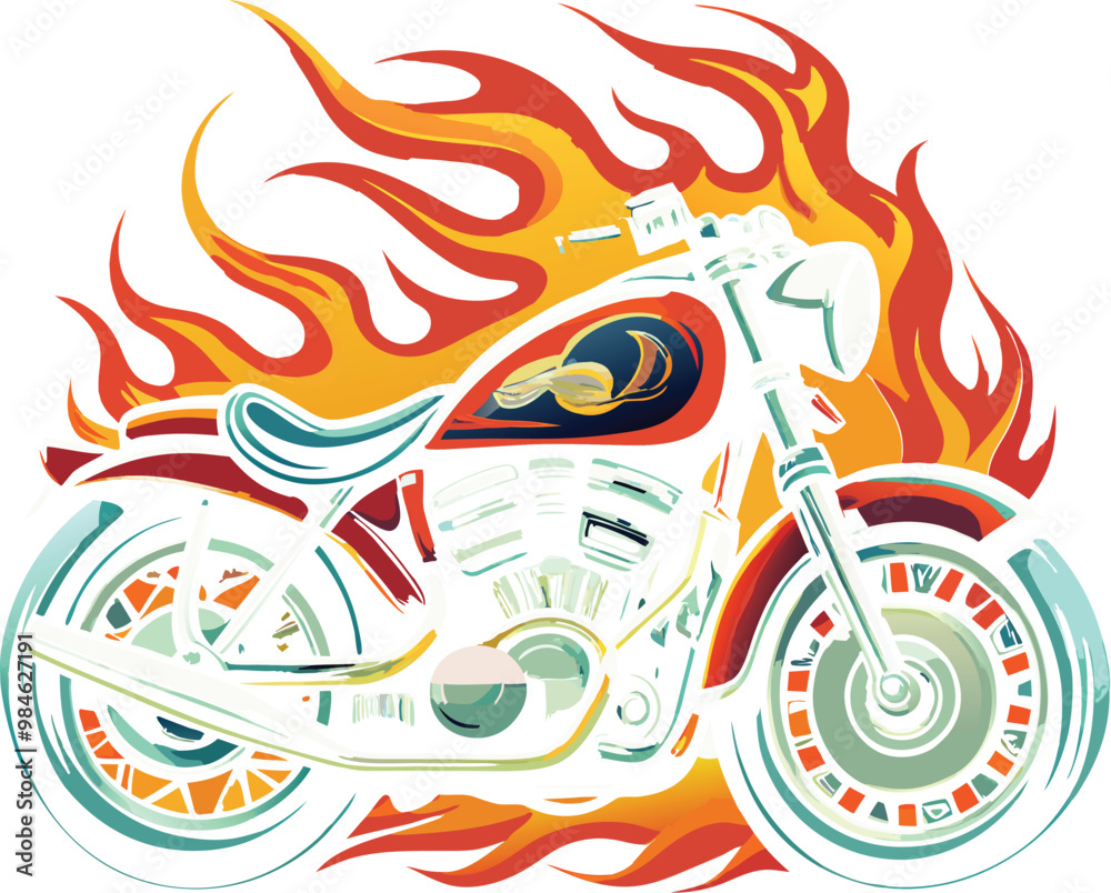 Fototapeta premium Vector-style t-shirt design featuring a classic motorcycle with flames. Generative AI.