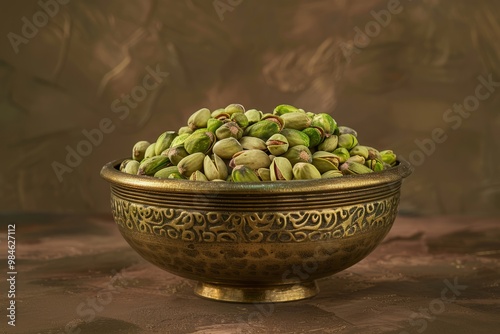 A golden bowl overflowing with Antep Fst pistachios photo