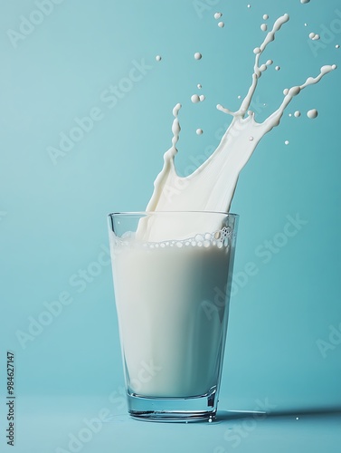 Glass of milk with a splash of milk on a blue background.