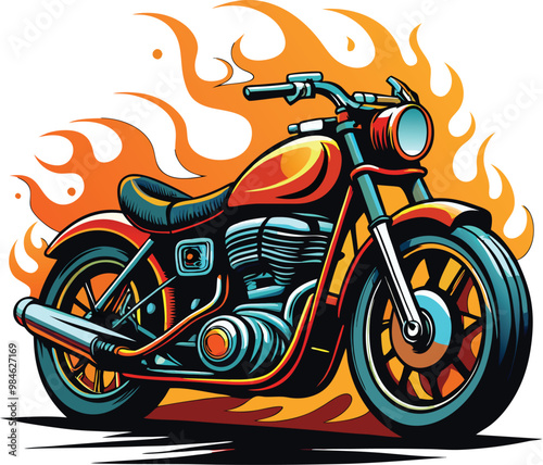 Vector-style t-shirt design featuring a classic motorcycle with flames. Generative AI.