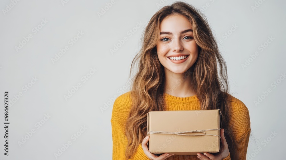 Smiling Caucasian woman in a cozy sweater joyfully holding a parcel box against a clean white background, showcasing delivery and shipping services Smiling Caucasian woman in a cozy sweater joyfully holding a parcel box against a clean white background, showcasing delivery and shipping services