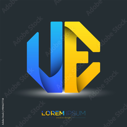 Creative design of the letters U and E. A template for a corporate brand, logo, and business card. A recognizable element of the brand name. The idea of thematic creativity