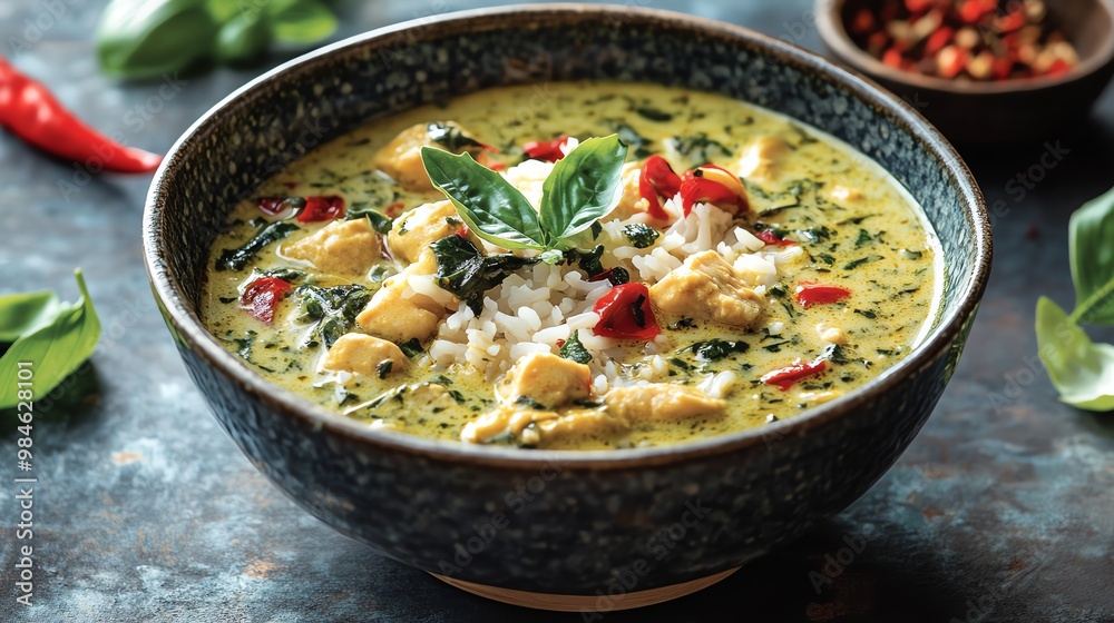Delicious green curry with chicken and rice, garnished with basil. Delicious green curry with chicken and rice, garnished with basil.