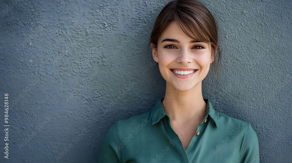 Fototapeta premium Portrait of a Young Woman with a Bright Smile Against a Grey Wall