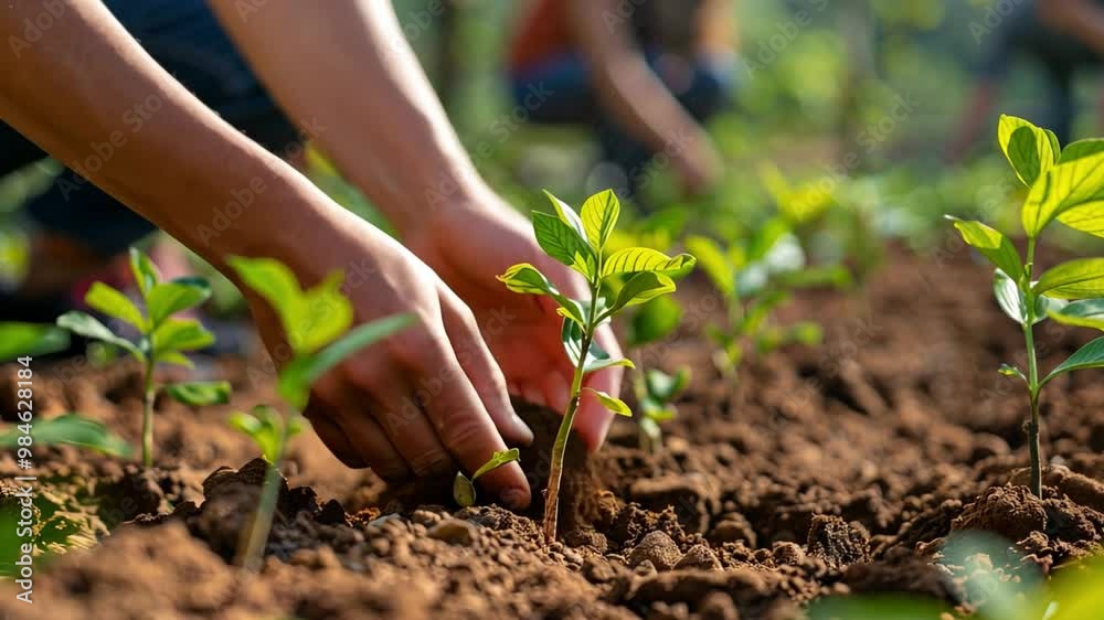 In a community garden, volunteers are meticulously planting young green seedlings into fertile soil under bright sunlight, fostering environmental awareness and local food production. In a community garden, volunteers are meticulously planting young green seedlings into fertile soil under bright sunlight, fostering environmental awareness and local food production.