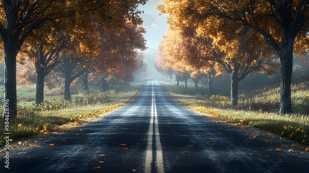 Obraz premium Empty Road Through Autumn Trees on Misty Morning - Nature Landscape Photography - Golden Leaves - Rural Road - Fall Season - Countryside Road - Path Through Woods - Tranquil Scene - Fall Foliage -