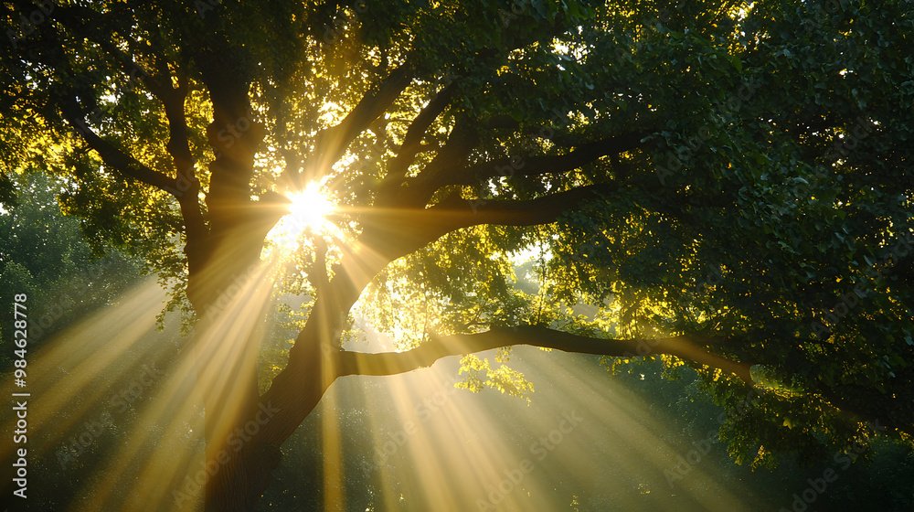 Obraz premium Sunlight filtering through the branches of a tree.
