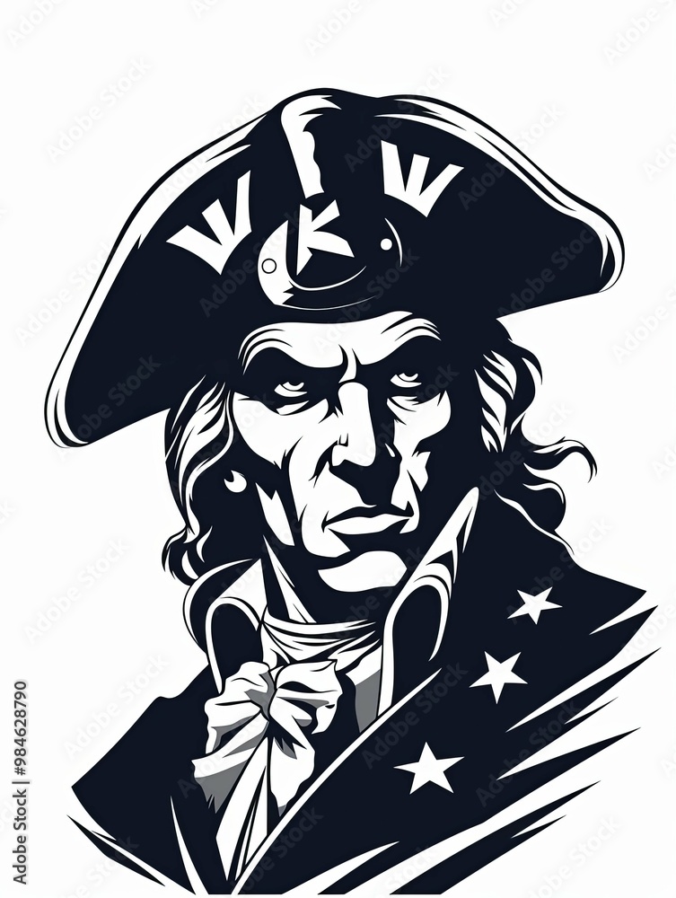 A stern-faced man in a tricorn hat with stars on his coat A stern-faced man in a tricorn hat with stars on his coat