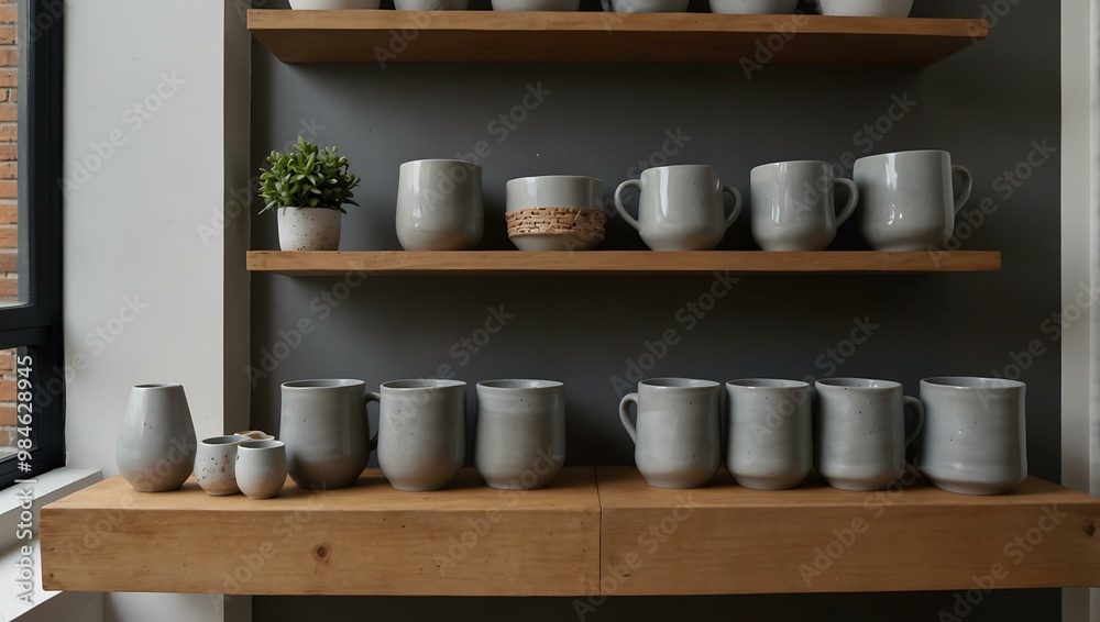 Shelf with grey ceramic pots and cups. Shelf with grey ceramic pots and cups.