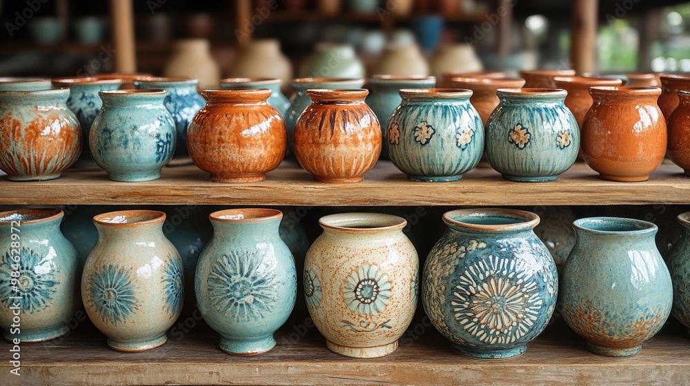 Ceramic Vase Display: Colorful Collection of Artistic Wares in Storefront Showcase. Ceramic Vase Display: Colorful Collection of Artistic Wares in Storefront Showcase.