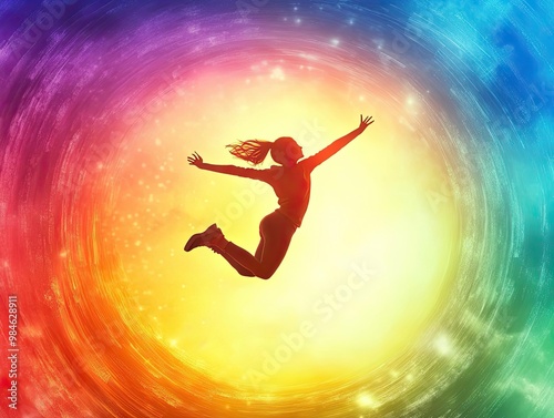 joyful person leaping through vibrant rainbow portal towards bright future