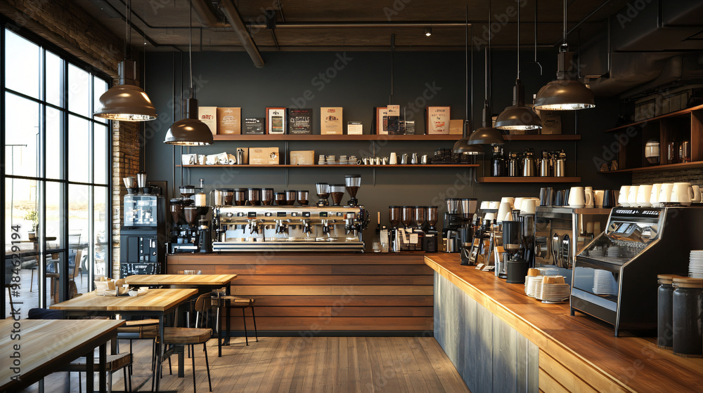 A modern coffee shop with a large coffee bar, numerous coffee machines, and an inviting atmosphere. A modern coffee shop with a large coffee bar, numerous coffee machines, and an inviting atmosphere.