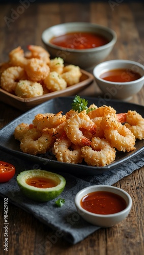 Shrimp tempura with spicy sauce.