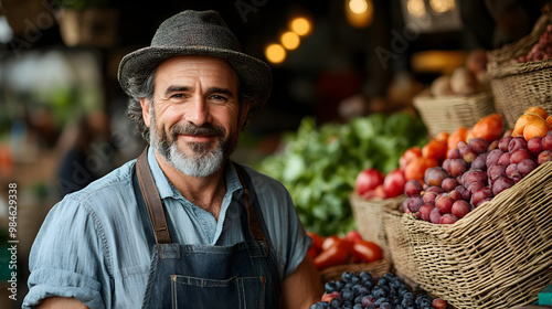 A cheerful market vendor showcasing fresh fruits with a smile, embodying the essence of local farming and community spirit. photo