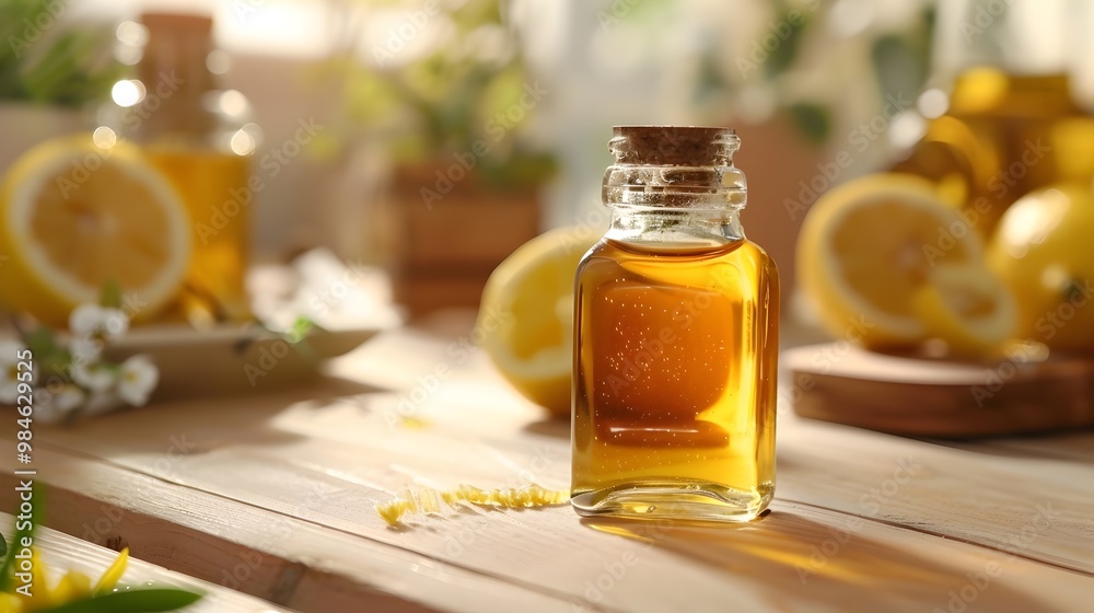 Honey and Lemon Concoction in Glass Bottle for Soothing Sore Throat Honey and Lemon Concoction in Glass Bottle for Soothing Sore Throat
