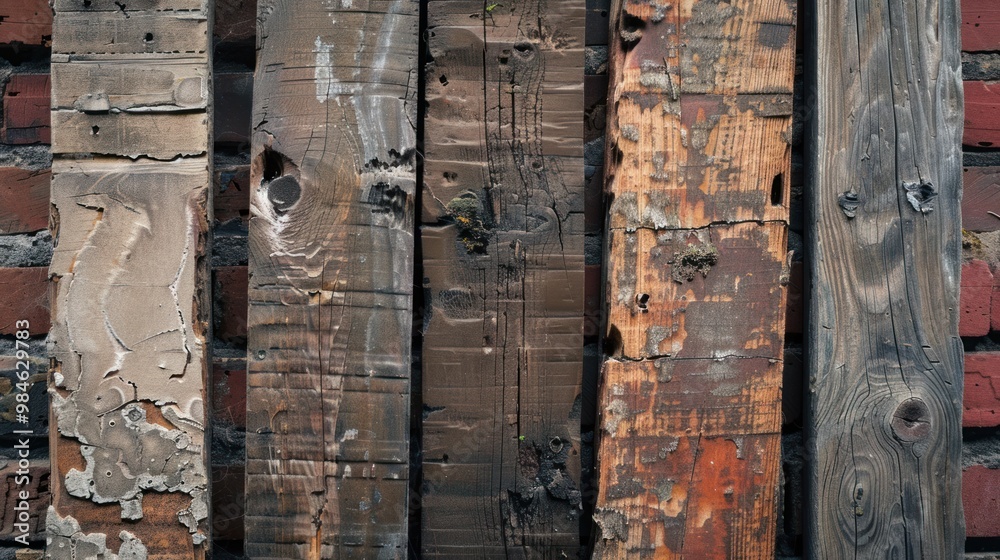 Weathered Wooden Planks Against Brick Wall Weathered Wooden Planks Against Brick Wall