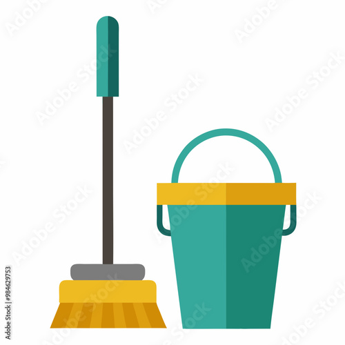 Mop and Bucket Vector Illustration on White Background for Cleaning Graphics