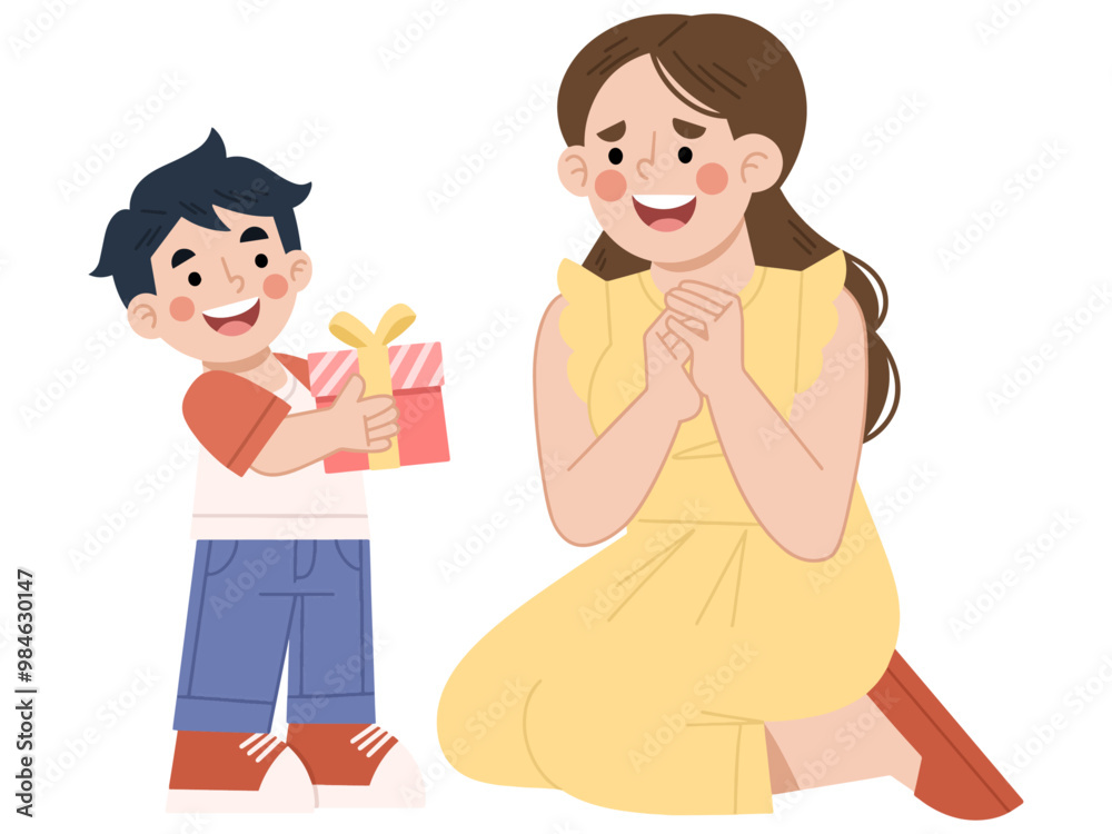Vector illustration of a boy giving a gift to his mother Vector illustration of a boy giving a gift to his mother