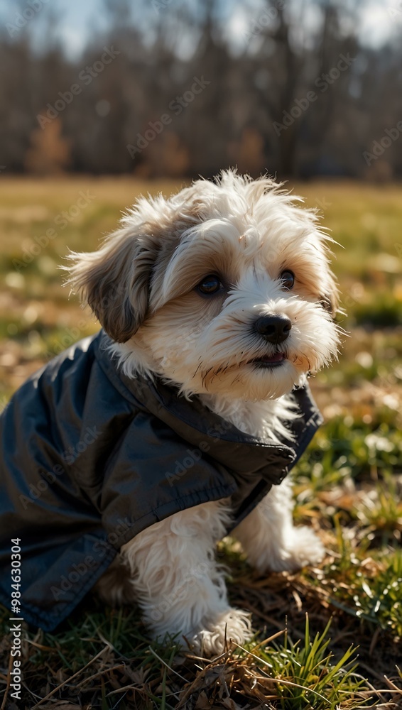 Small Havanese puppy in a winter jacket, cradled outdoors on a sunny day. Small Havanese puppy in a winter jacket, cradled outdoors on a sunny day.