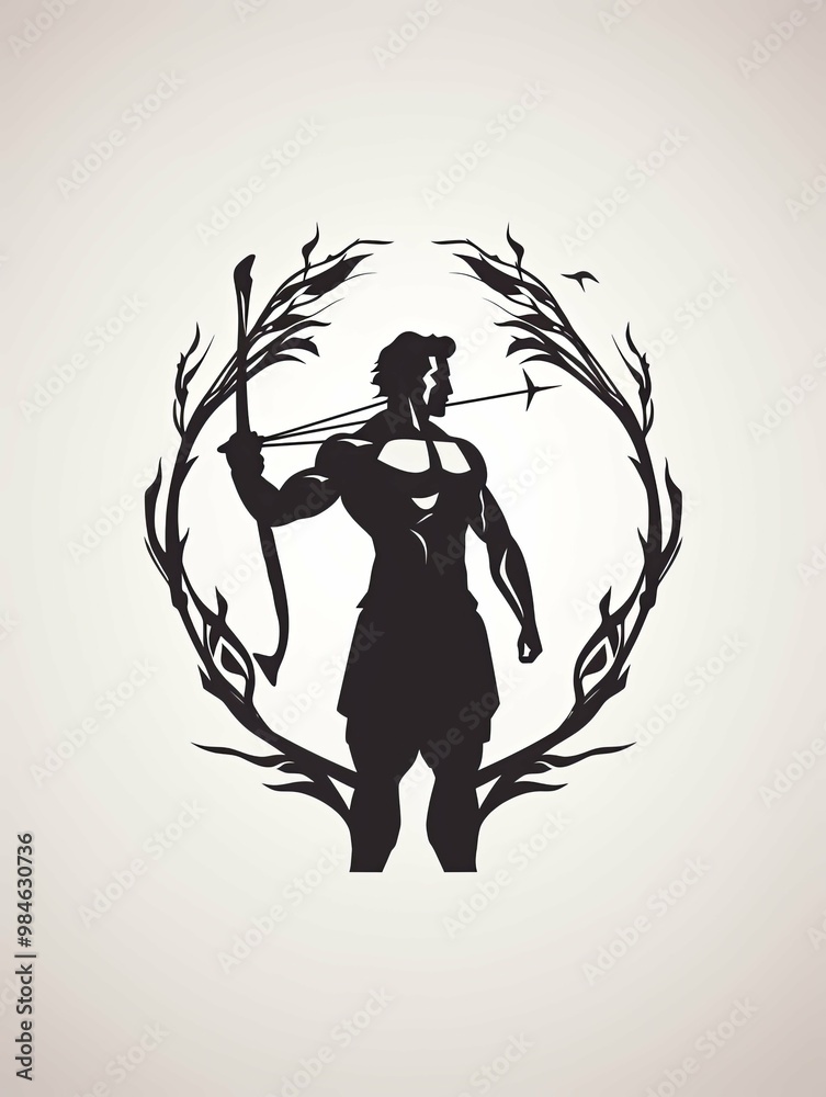 Silhouette of a Muscular Archer with Bow and Arrow within a Floral Circle Silhouette of a Muscular Archer with Bow and Arrow within a Floral Circle