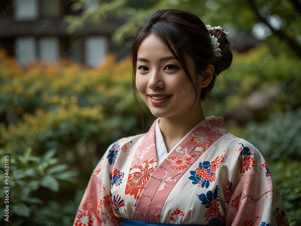 Smiling young woman in a traditional Japanese kimono standing in a garden. Smiling young woman in a traditional Japanese kimono standing in a garden.