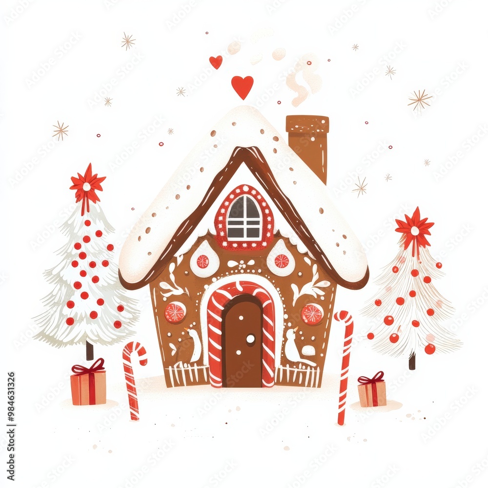 This enchanting gingerbread house, adorned with icing decorations, sits amid colorful Christmas trees and candy canes, embodying a festive holiday spirit This enchanting gingerbread house, adorned with icing decorations, sits amid colorful Christmas trees and candy canes, embodying a festive holiday spirit
