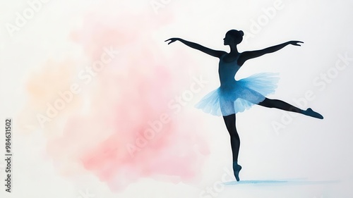 Graceful ballerina middance, flowing tutu and subtle shadows, soft pastel tones, watercolor finish