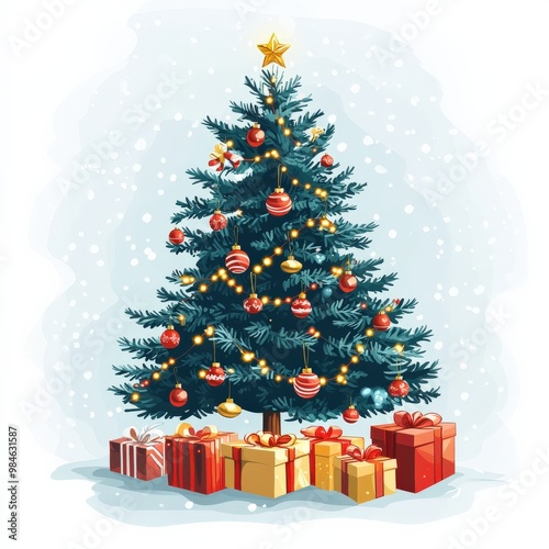 A beautifully decorated Christmas tree stands tall with colorful ornaments and candy canes. Underneath, presents wrapped in shiny paper create a cheerful holiday atmosphere
