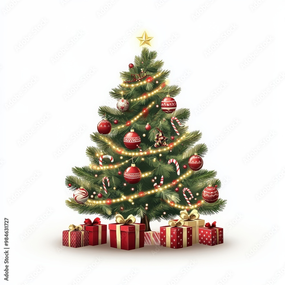 This festive illustration features a Christmas tree adorned with glowing ornaments and candy canes, surrounded by wrapped presents, creating a cheerful holiday atmosphere This festive illustration features a Christmas tree adorned with glowing ornaments and candy canes, surrounded by wrapped presents, creating a cheerful holiday atmosphere