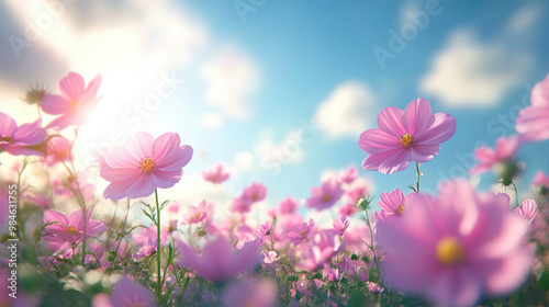 A vibrant field of pink flowers under a blue sky with fluffy clouds.