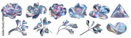 PNG set, holographic metallic flower petals, abstract plant leaves and geometric shapes with iridescent futuristic texture, 3D rendering digital art, 3D shapes set