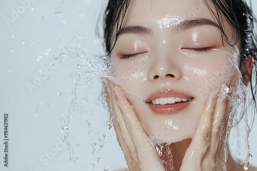 Close-up of woman washing face and skin care