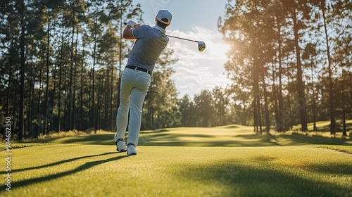 Golfer Swinging Driver on a Sunny Golf Course